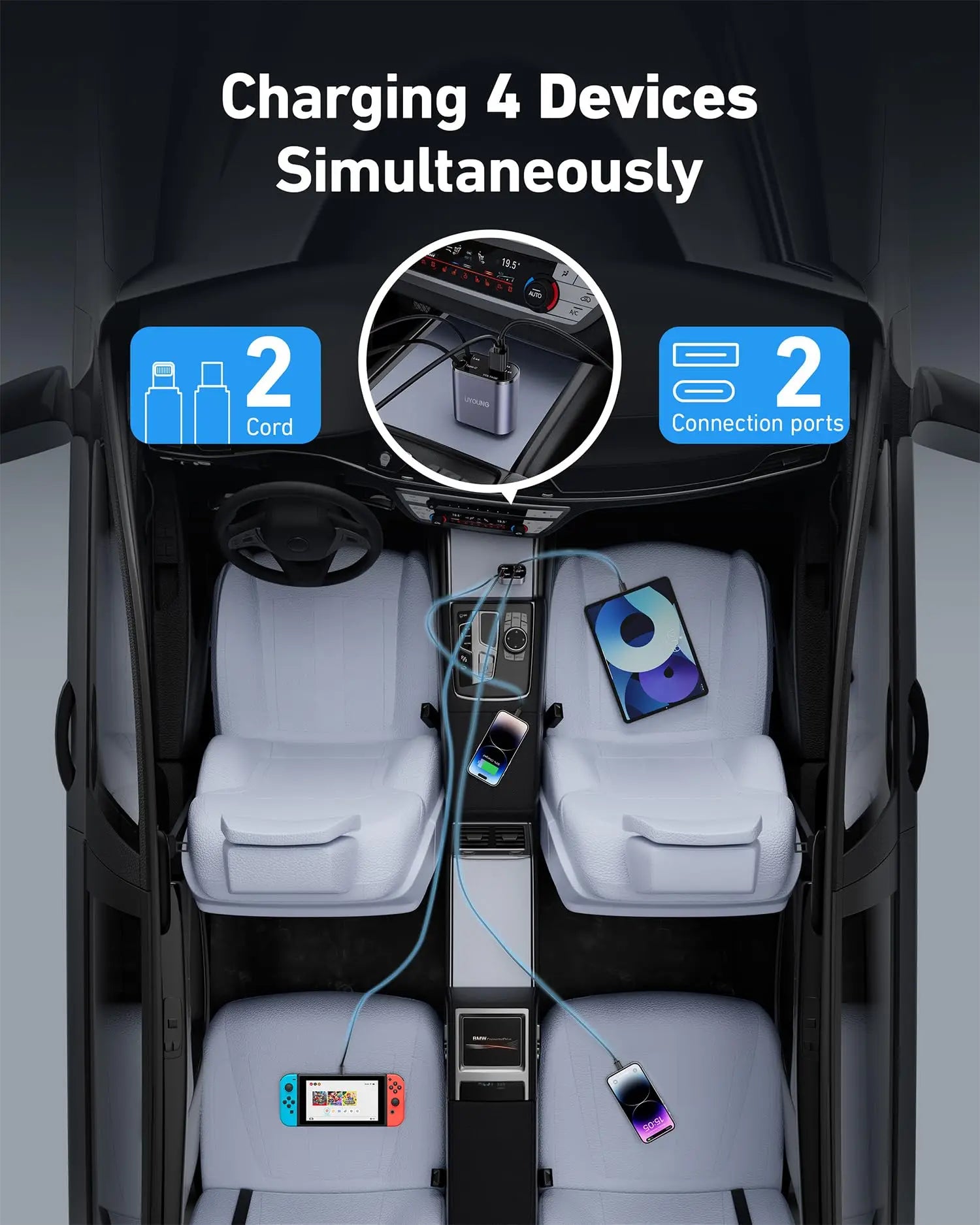 4-in-1 Retractable Car Charger – 120W