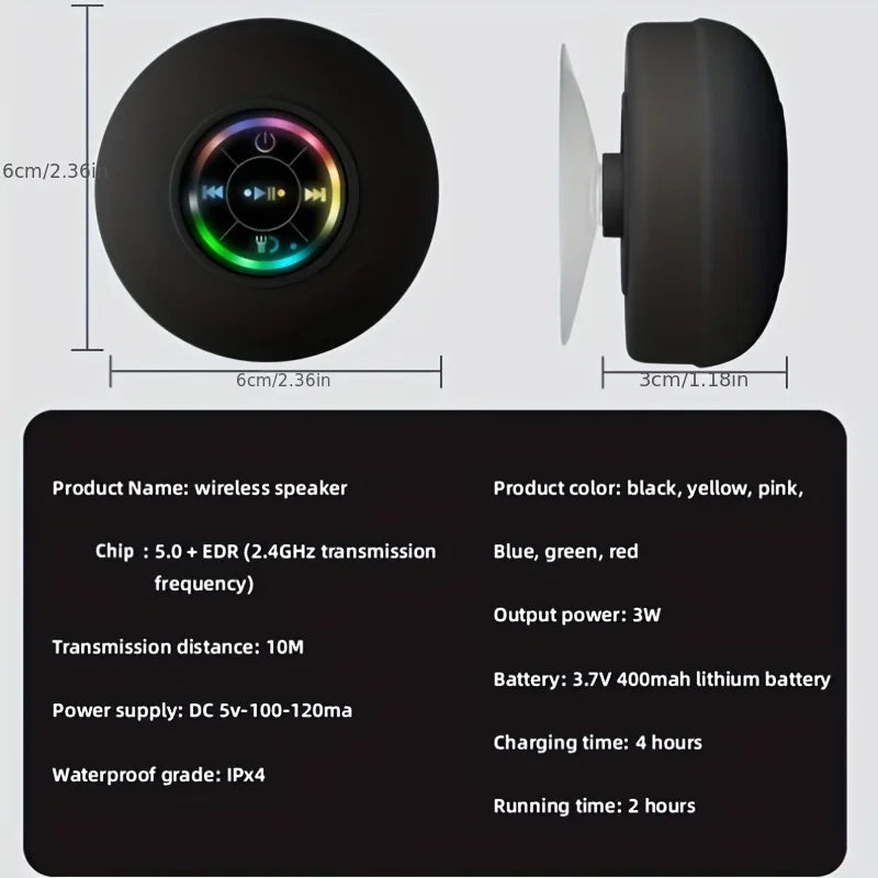 IPX4 Waterproof Bluetooth Speaker β Wireless with Suction Cup, LED Lights & Hi-Fi Sound