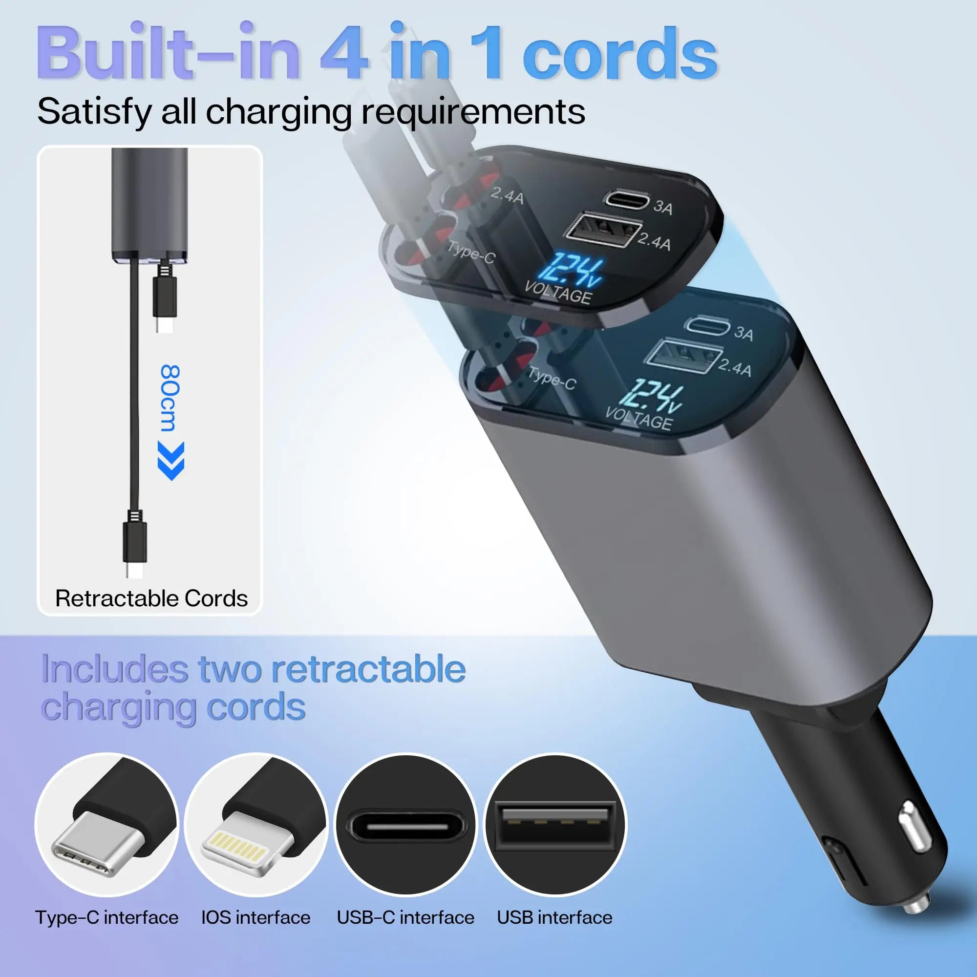 4-in-1 Retractable Car Charger – 120W Fast Charging USB & Type-C for iPhone & Android