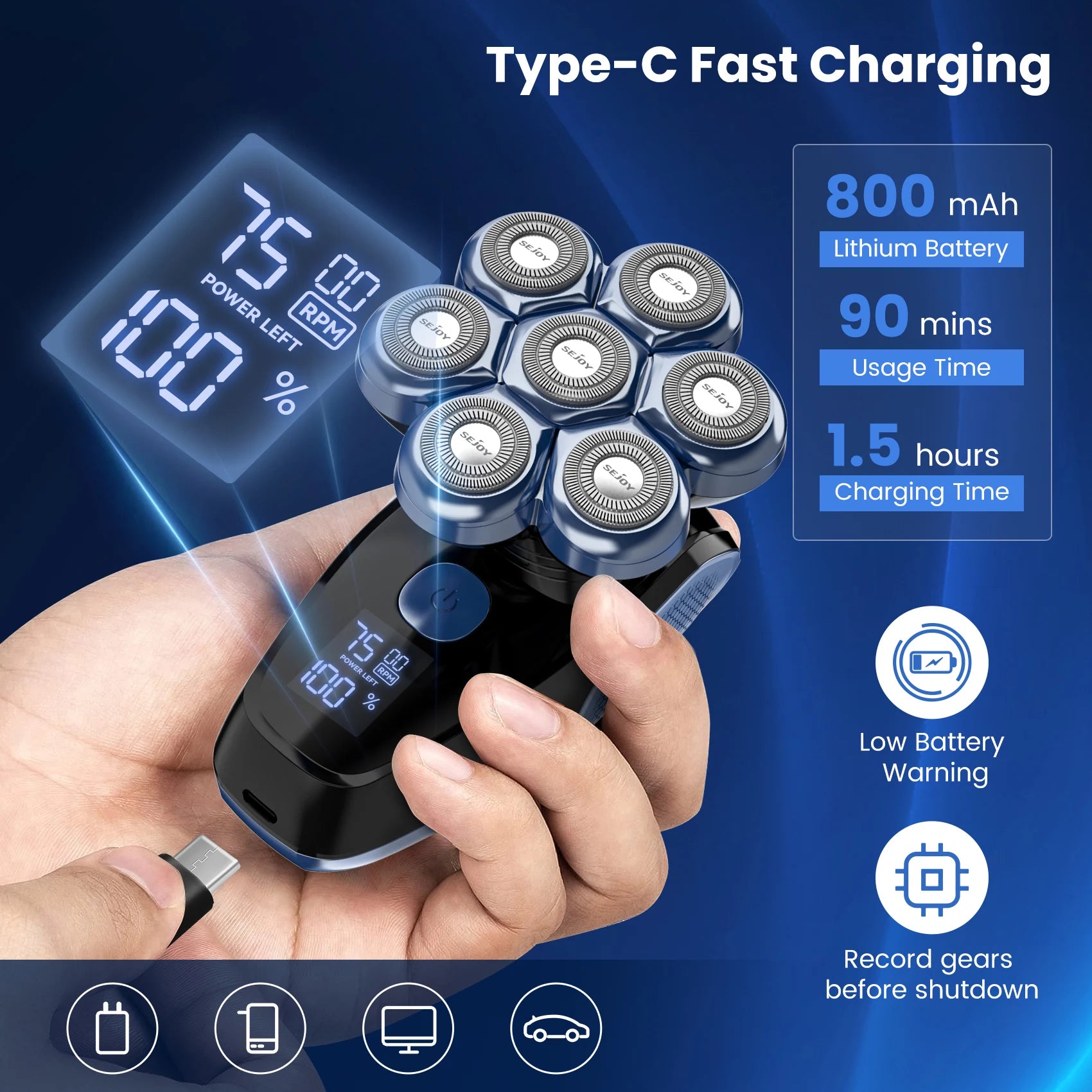5-in-1 Electric Head Shaver for Bald Men – 7D Floating Blades, Waterproof Grooming Kit