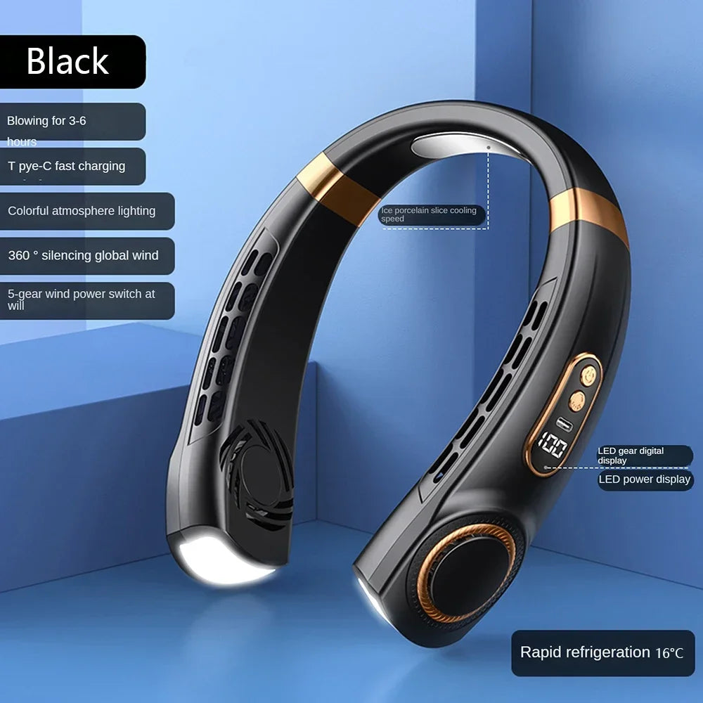 Portable Bladeless Neck Fan – Hanging Air Cooler with Digital Display & Rechargeable Battery