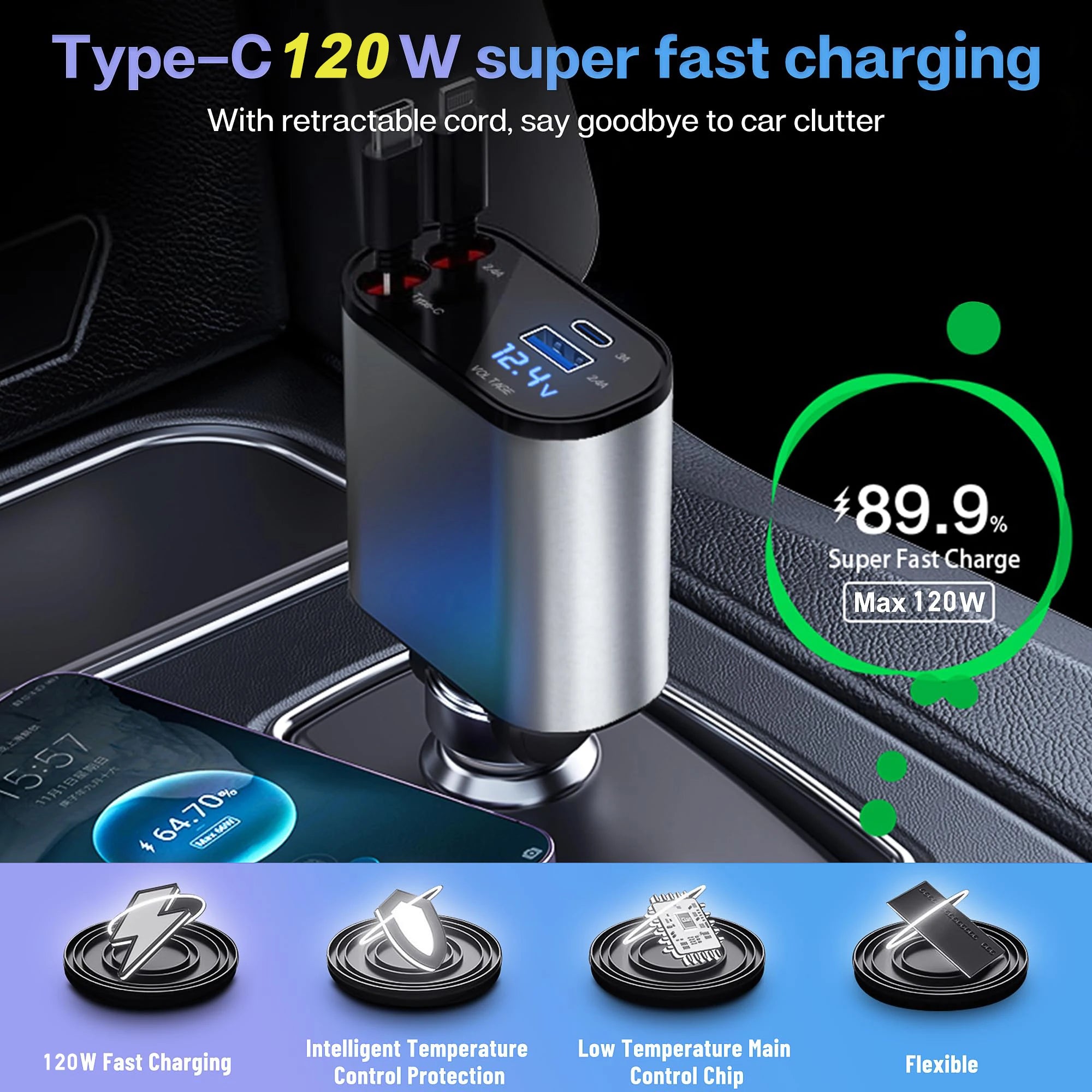 4-in-1 Retractable Car Charger – 120W Fast Charging USB & Type-C for iPhone & Android
