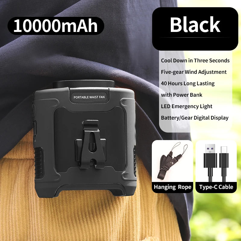 3-in-1 Waist Fan with Flashlight & 10,000mAh Power Bank – Portable Cooling for Outdoor Work & Travel