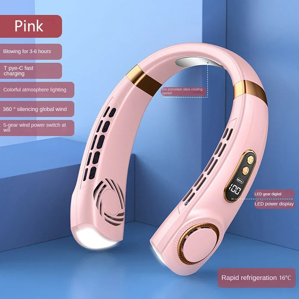 Portable Bladeless Neck Fan – Hanging Air Cooler with Digital Display & Rechargeable Battery