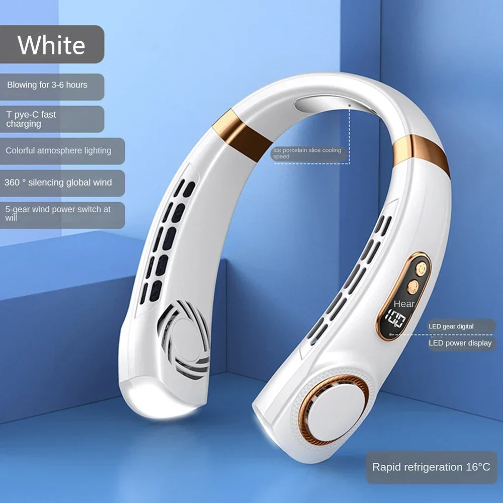 Portable Bladeless Neck Fan – Hanging Air Cooler with Digital Display & Rechargeable Battery