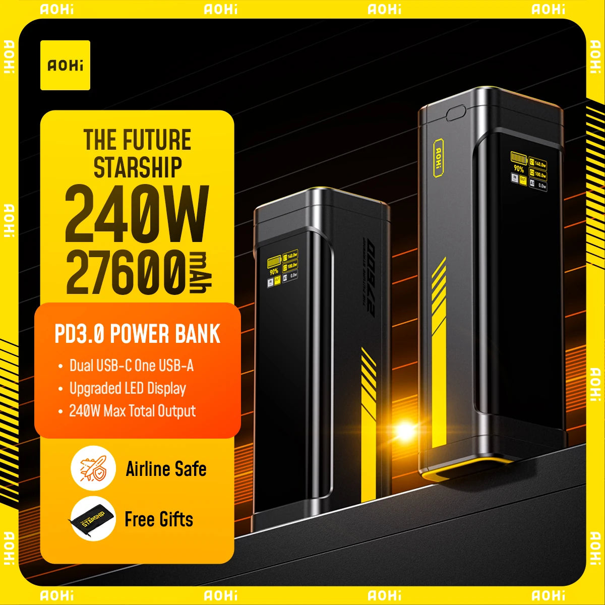 AOHI Future Starship 27600mAh Power Bank – 240W Dual USB-C Fast Charger & Desktop Charger