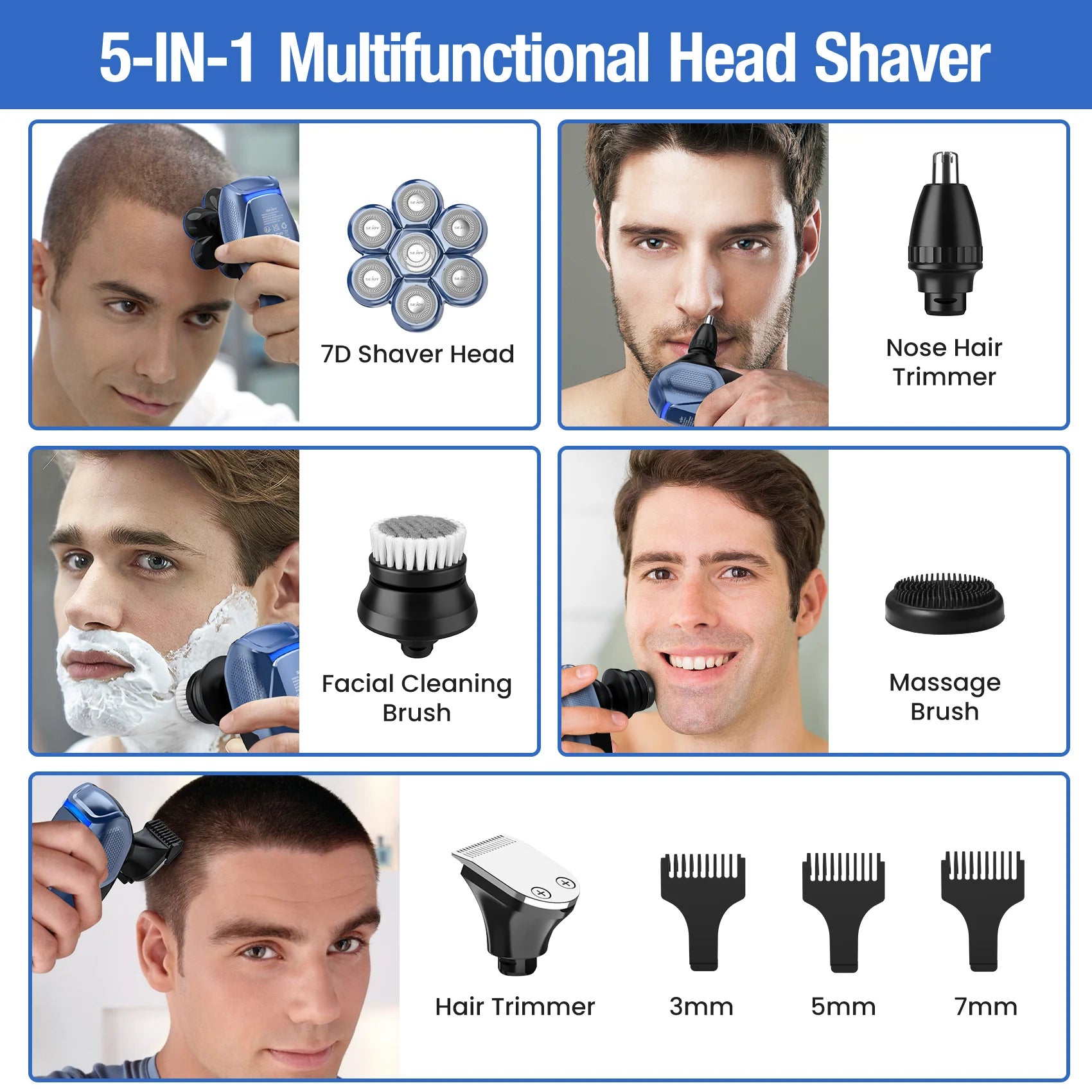 5-in-1 Electric Head Shaver for Bald Men – 7D Floating Blades, Waterproof Grooming Kit