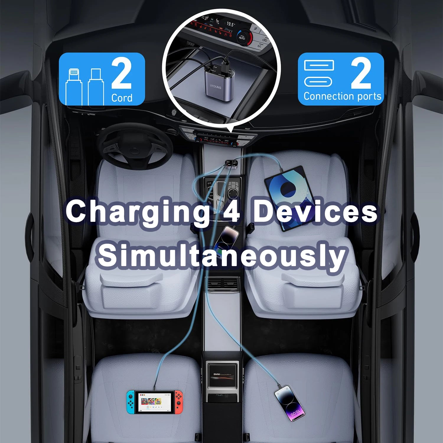 4-in-1 Retractable Car Charger – 120W Fast Charging USB & Type-C for iPhone & Android