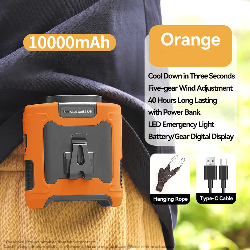 3-in-1 Waist Fan with Flashlight & 10,000mAh Power Bank – Portable Cooling for Outdoor Work & Travel