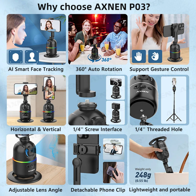 Axnen Smart Auto Face Tracking AI Gimbal – Hands-Free 360° Rotation for Phones & Action Cameras