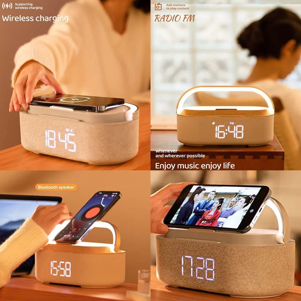 6-in-1 Bluetooth Speaker Alarm Clock – FM Radio, Wireless Charger & Touch Night Light
