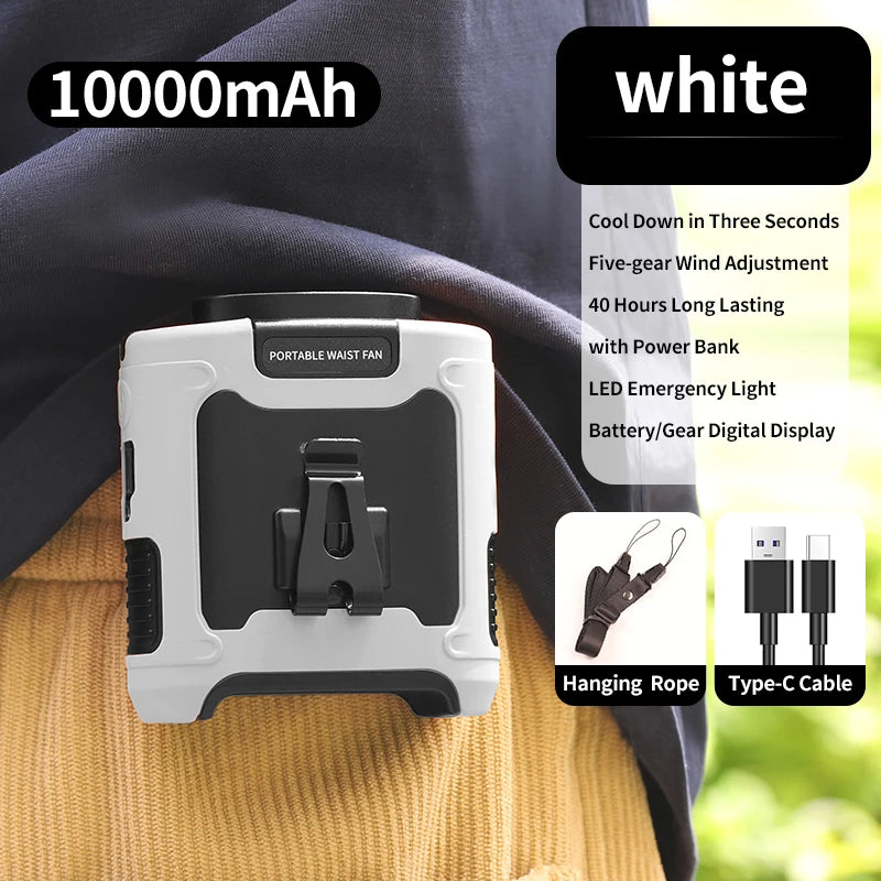 3-in-1 Waist Fan with Flashlight & 10,000mAh Power Bank – Portable Cooling for Outdoor Work & Travel