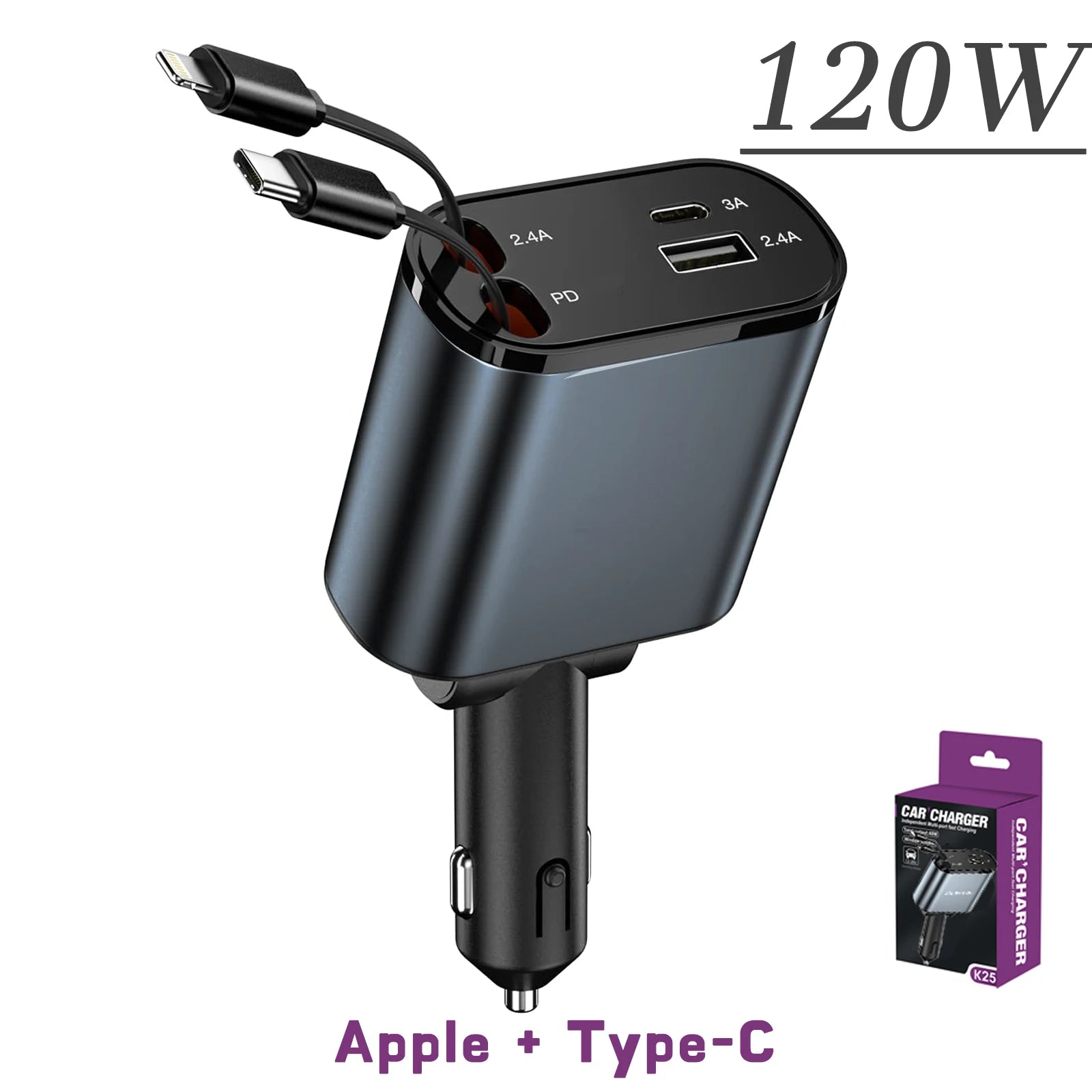 4-in-1 Retractable Car Charger – 120W Fast Charging USB & Type-C for iPhone & Android