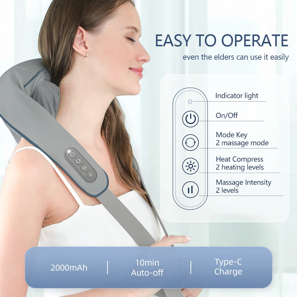 Wireless Neck & Back Massager – Rechargeable Deep Kneading with Heat for Pain Relief