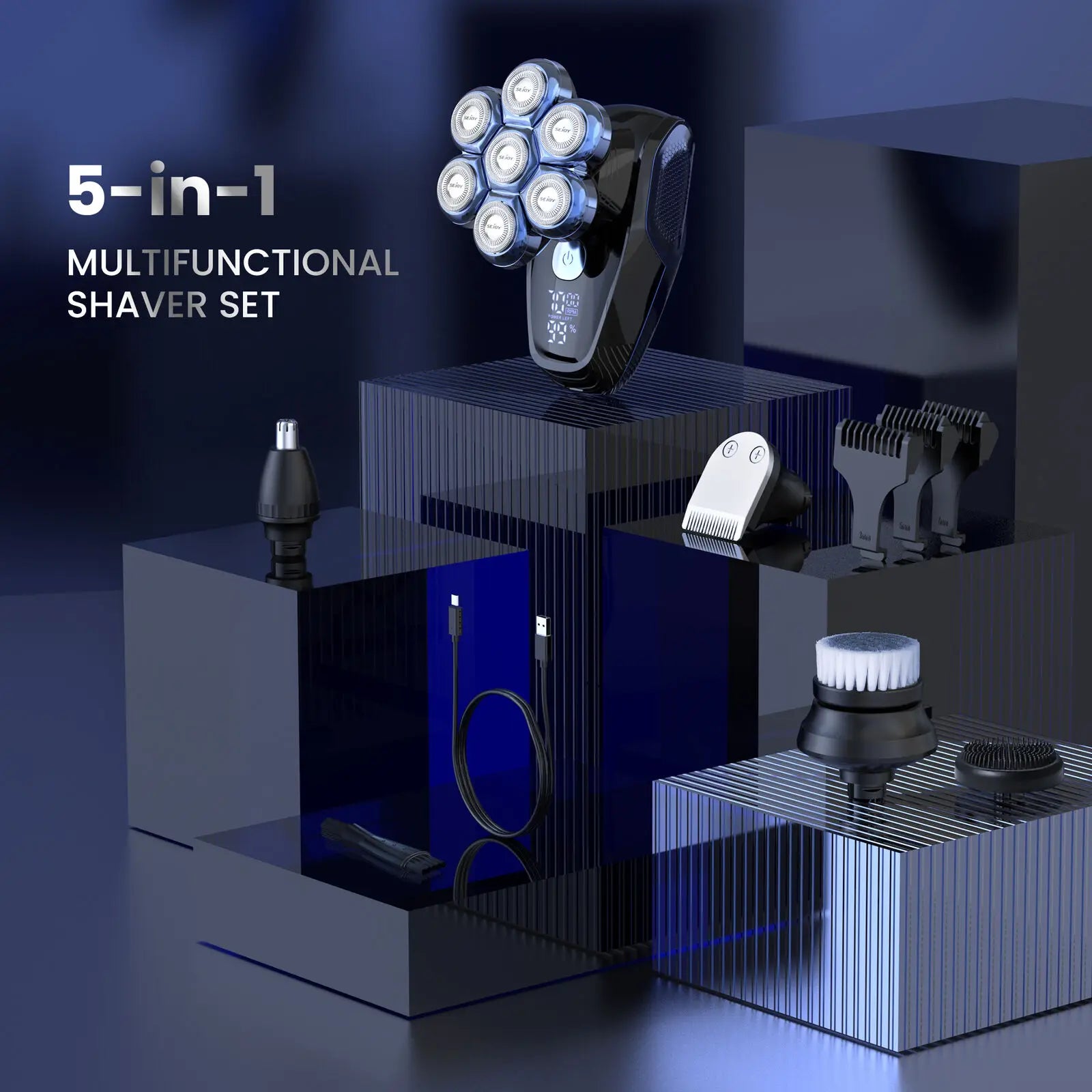 5-in-1 Electric Head Shaver for Bald Men – 7D Floating Blades, Waterproof Grooming Kit