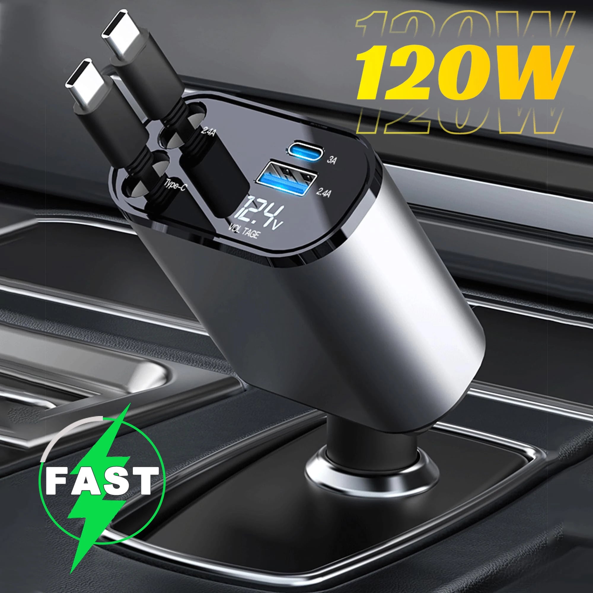 4-in-1 Retractable Car Charger – 120W Fast Charging USB & Type-C for iPhone & Android