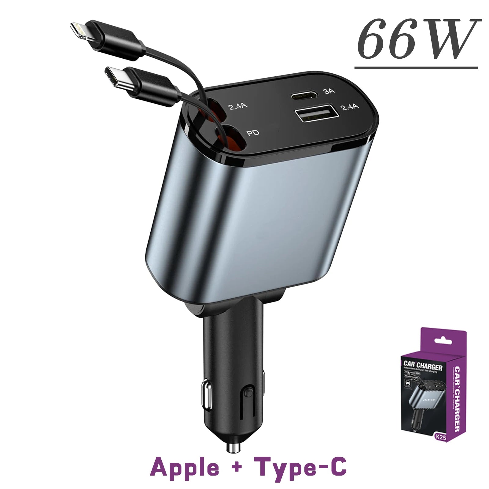 4-in-1 Retractable Car Charger – 120W Fast Charging USB & Type-C for iPhone & Android