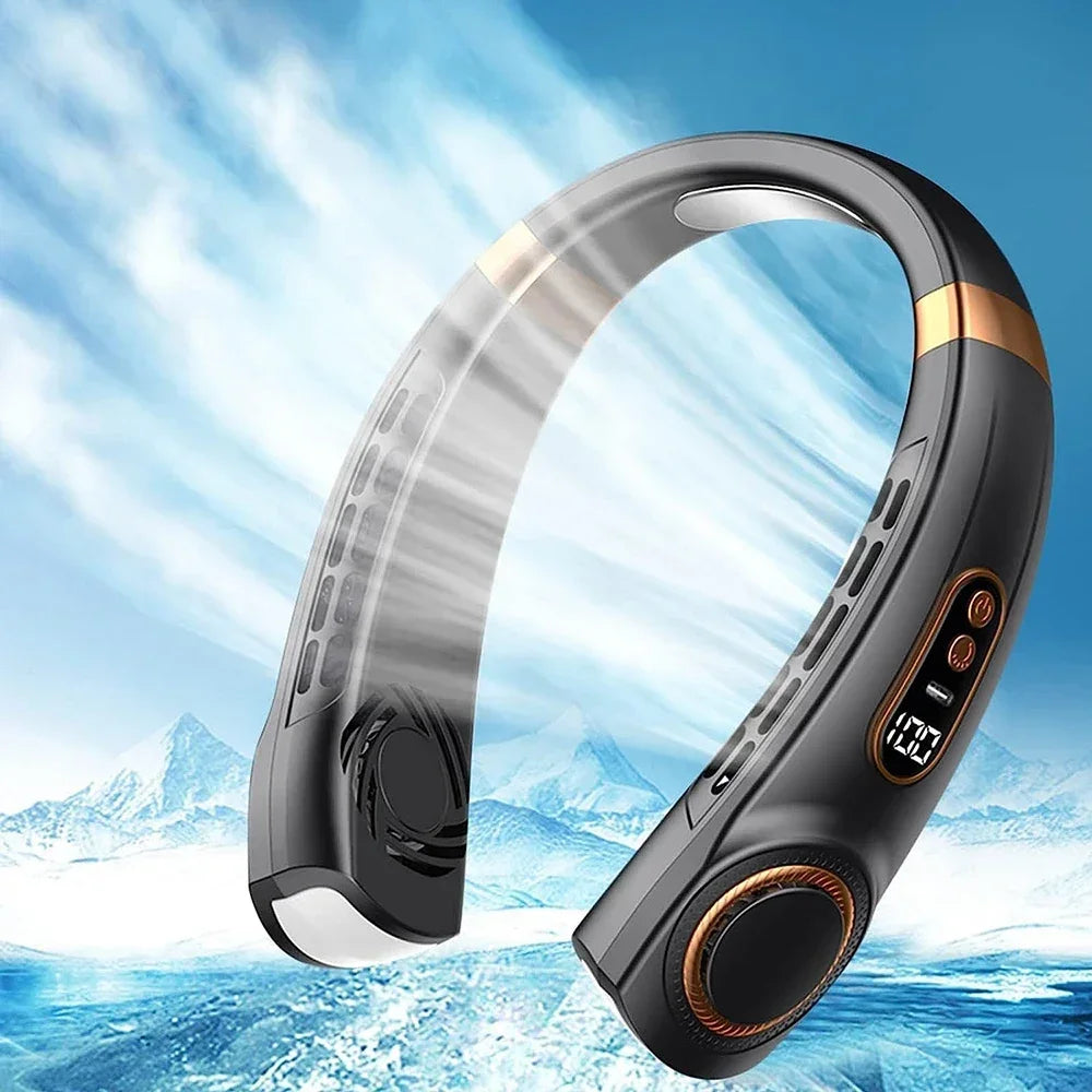Portable Bladeless Neck Fan – Hanging Air Cooler with Digital Display & Rechargeable Battery