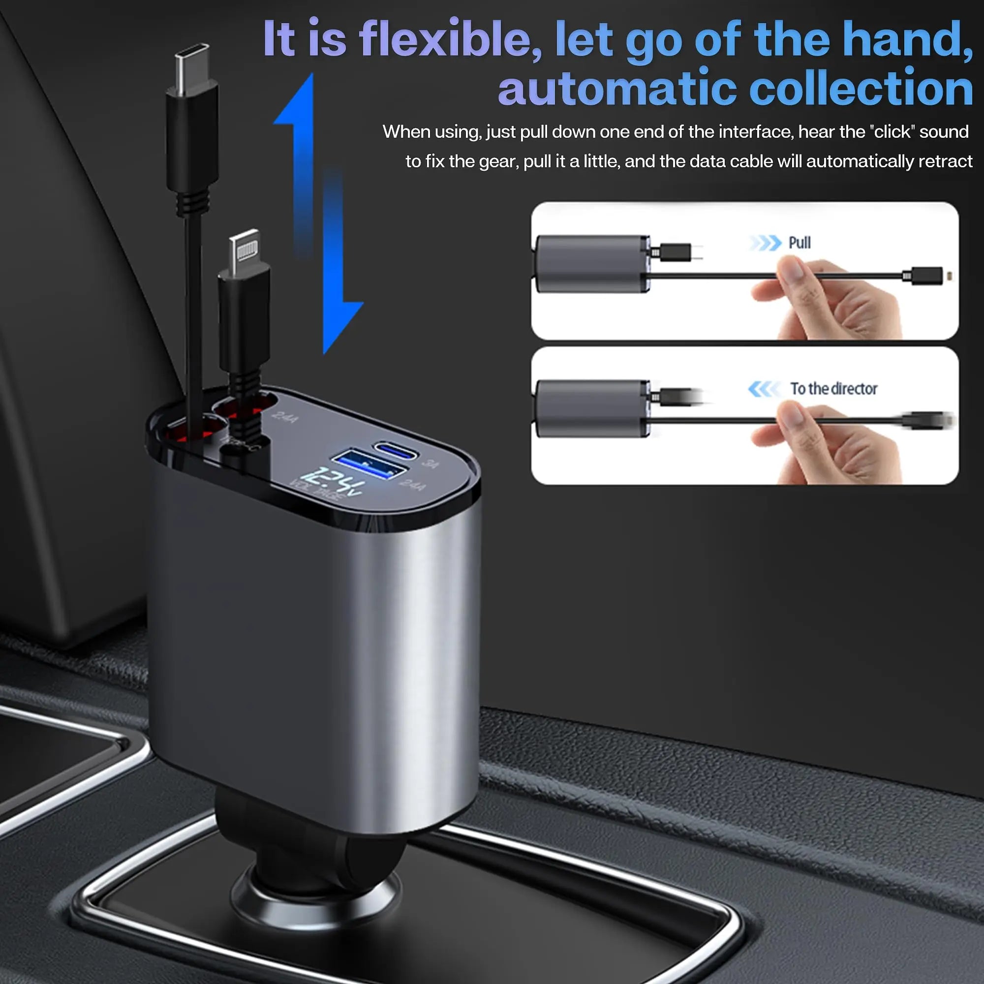 4-in-1 Retractable Car Charger – 120W Fast Charging USB & Type-C for iPhone & Android