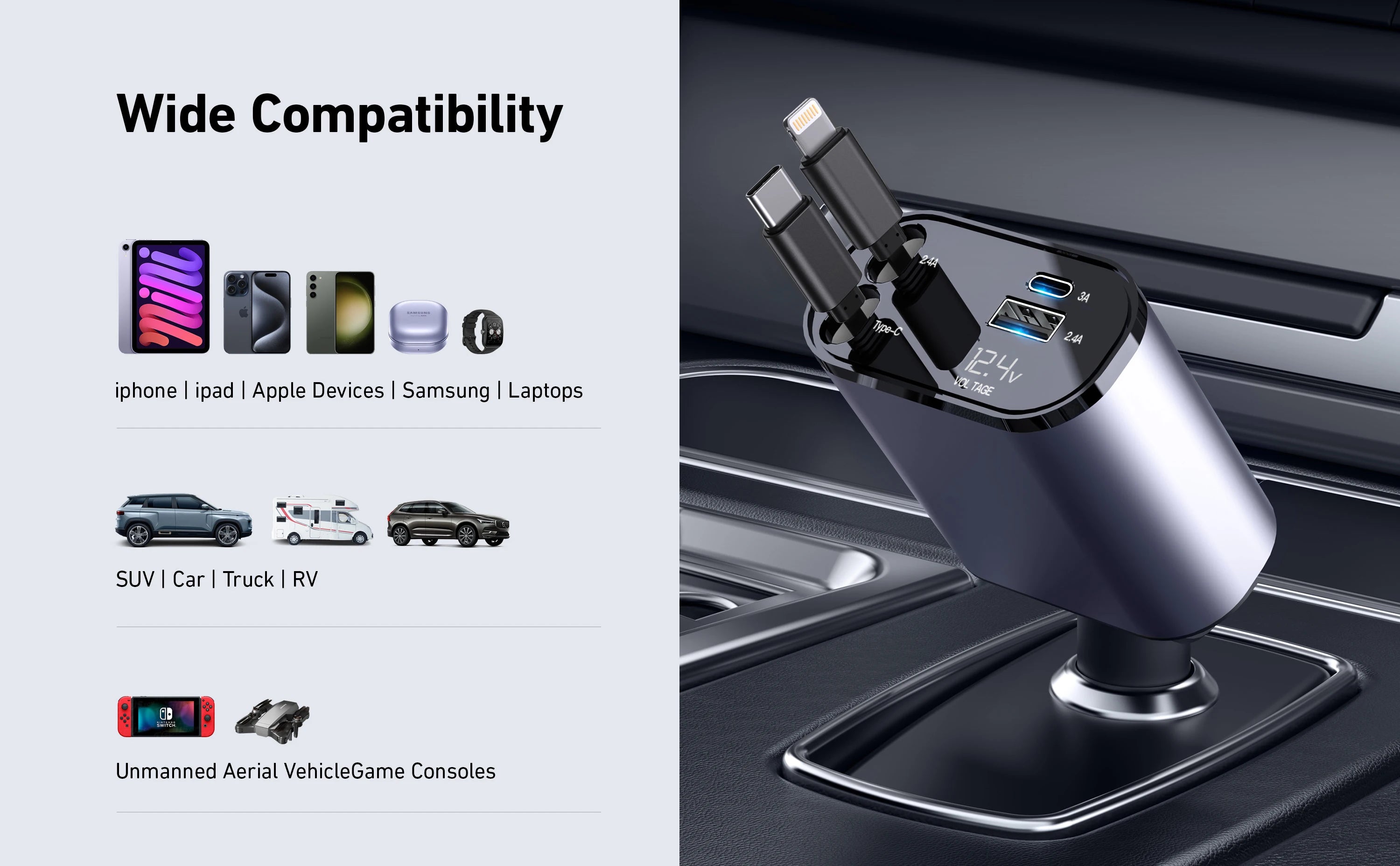 4-in-1 Retractable Car Charger – 120W Fast Charging USB & Type-C for iPhone & Android