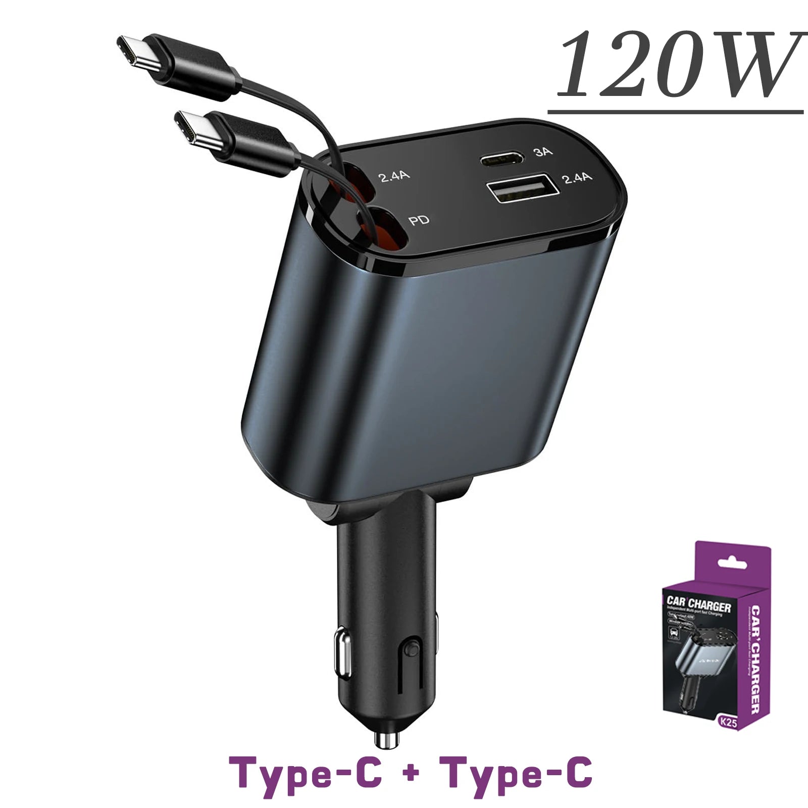 4-in-1 Retractable Car Charger – 120W Fast Charging USB & Type-C for iPhone & Android