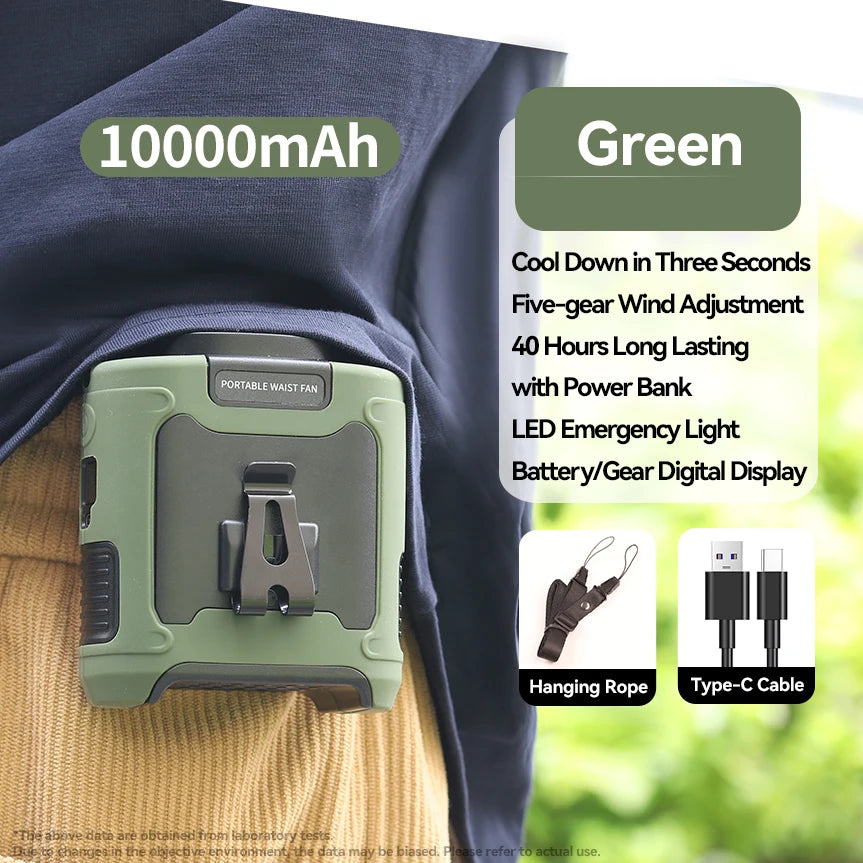 3-in-1 Waist Fan with Flashlight & 10,000mAh Power Bank – Portable Cooling for Outdoor Work & Travel