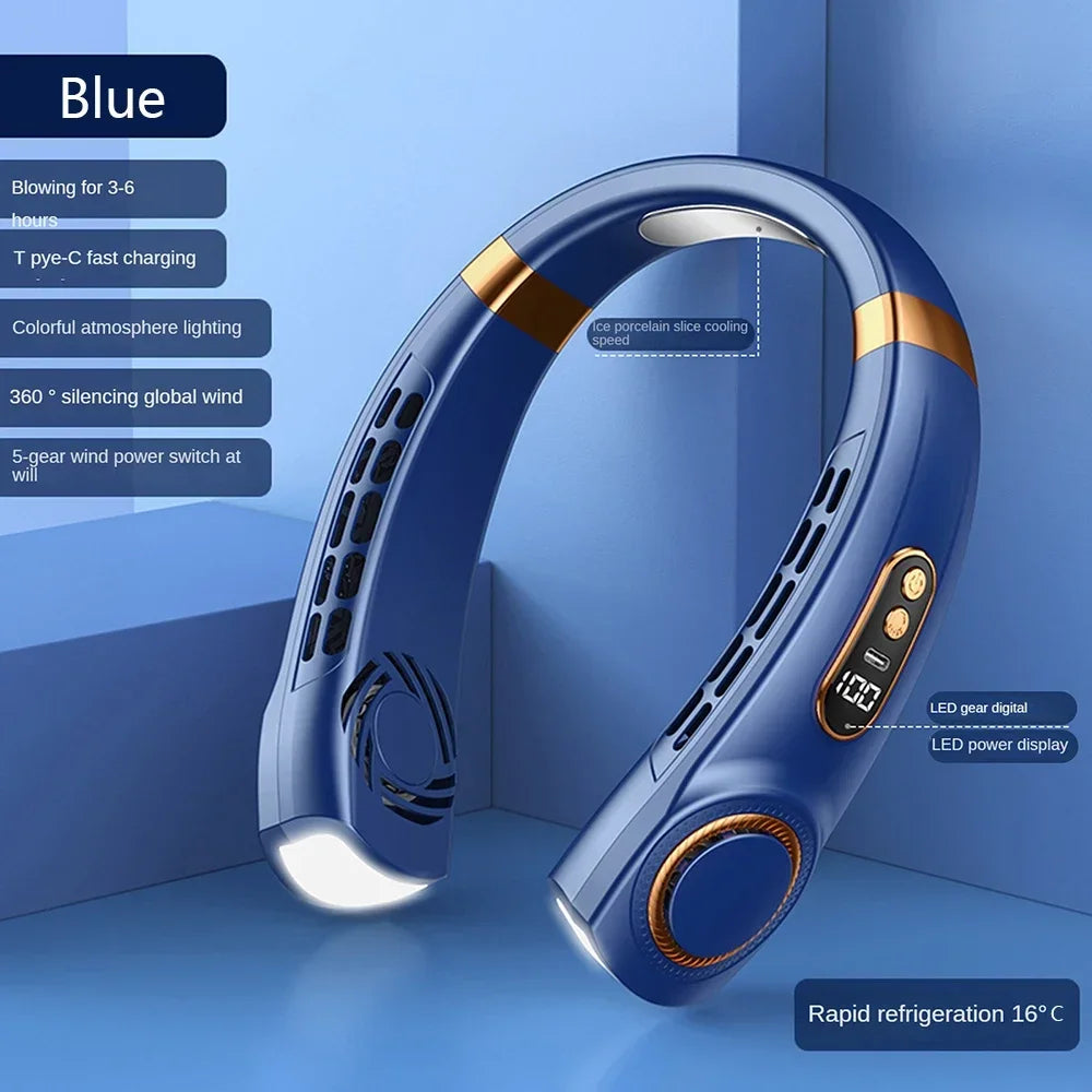 Portable Bladeless Neck Fan – Hanging Air Cooler with Digital Display & Rechargeable Battery