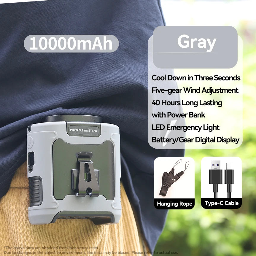 3-in-1 Waist Fan with Flashlight & 10,000mAh Power Bank – Portable Cooling for Outdoor Work & Travel