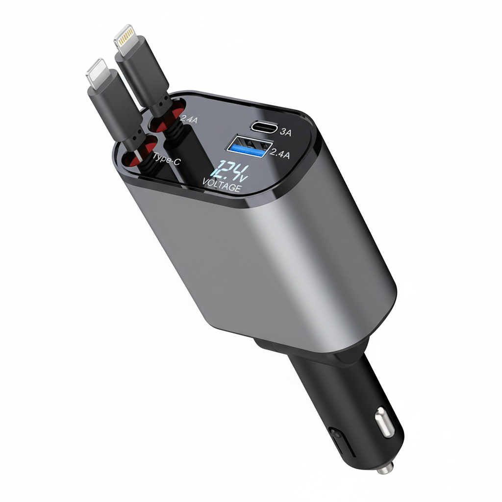 4-in-1 Retractable Car Charger – 120W